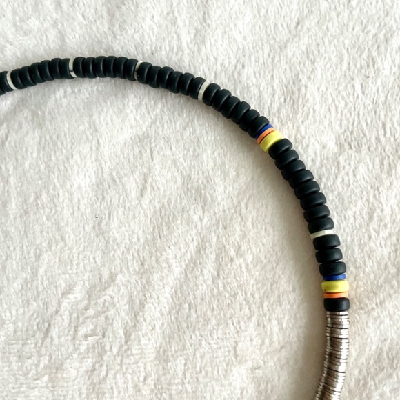 Beaded Necklace/w Black, White, Yellow, Orange, Blue, and Metal Beads - Picture 7 of 13